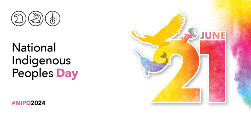 An eagle representing First Nations, a narwhal representing Inuit, and a violin representing Métis. These illustrations are placed around the date "June 21" and surrounded by multicoloured smoke that represents Indigenous traditions, spirituality, inclusion, and diversity