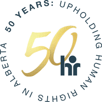 AHRC anniversary logo. Gold foil coloured number 50 circled with this text in blue: 50 Years: Upholding Human Rights In Alberta
